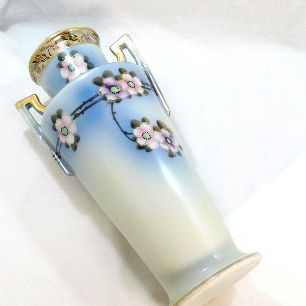 Vintage Urn Vase Japanese Porcelain Handled Hand Painted Cherry Blossom Design Blue Background Gold Trim 8" Tall Oriental Eclectic Decor