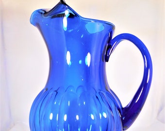 Cobalt Blue Glass Pitcher Hand Made Applied Hand Ice Lip Vertical Ribbed Sides 10" Tall Vintage Collectible Glassware Eclectic Decor