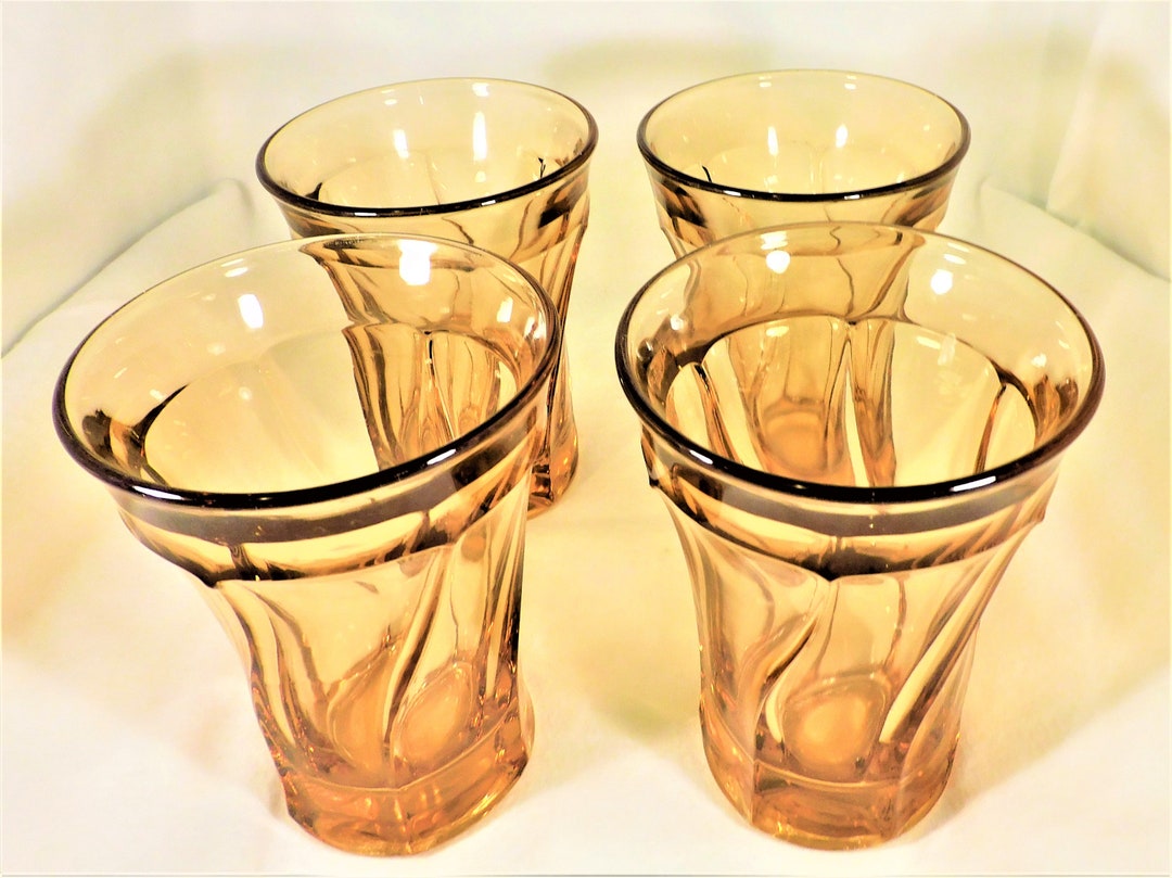 Fostoria Set 4 Amber Glass Flat Tumblers Jamestown Pattern 5.25 Tall 10 Oz Heavy Vintage 60s 70s
