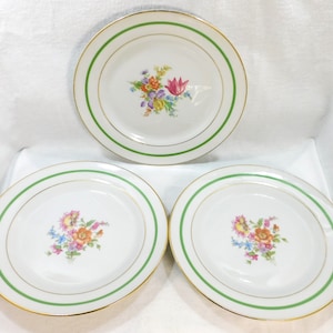 P.T. Bavaria Tirschenreuth Lot 3 Salad Plates Porcelain Multi Color Floral Designs Green Border Gold Trim 7.5&quot; Across Vintage Party Decor