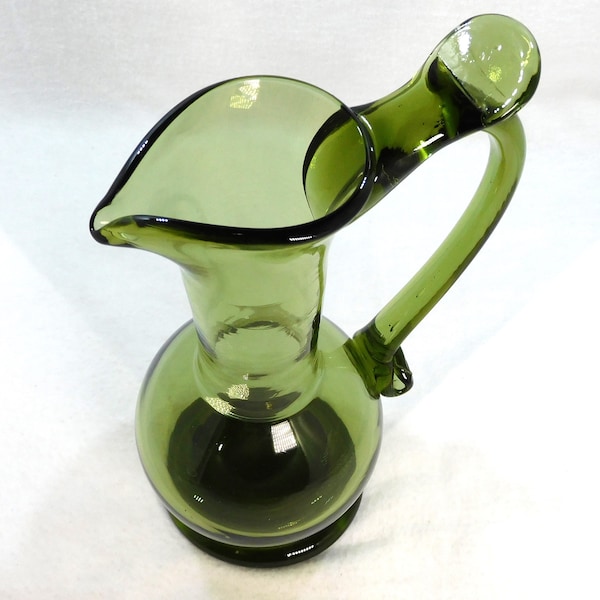 Vintage MCM Art Glass Pitcher Hand Blown Olive Green Heavy Glass Drop Over Handle 8.25" Tall Pontil Base