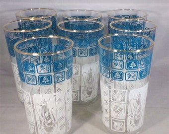 Anchor Hocking Set 8 MCM Turquoise & White Drinkware Beverage Glasses Blue Flower White Coffee Pot and Cups Design 12 oz Vintage Tableware