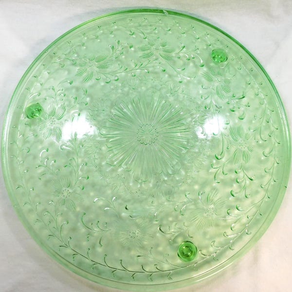 US Glass Depression Cake Sandwich Tray Footed Shaggy Rose Pattern 12.75" Uranium Glass