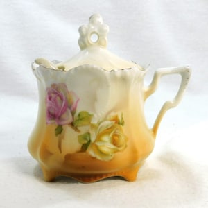 Antique RS Germany Marked Porcelain Mustard Jelly Pot with Lid & Spoon Roses Gold Trim