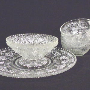 MCM Federal Glass Heritage Lot 5 Pieces 1 Salad Plate 2 Sauce Bowls 2 Cups Clear Glass Vintage Party Holiday Tableware Dinnerware