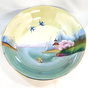 Antique Morimura M Noritake Round Bowl Porcelain Lusterware Hand Painted 2 Swallows & Pagoda Pattern Bright Colors Gold Trim 8.5&quot; Across EUC