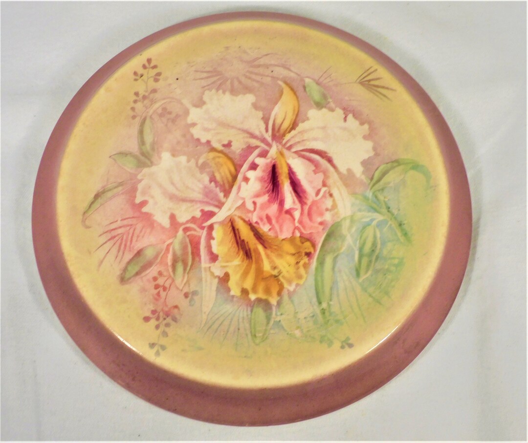 Antique Bonn German Trivet Porcelain Round Orchid Center Yellow