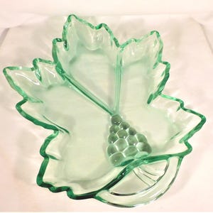 Tiara Glass Leaf Shaped Serving Dish 3 Part Heavy Lt Green Glass Original Box 11.75&quot; Long Vintage 80s Tableware Party Holiday Glassware