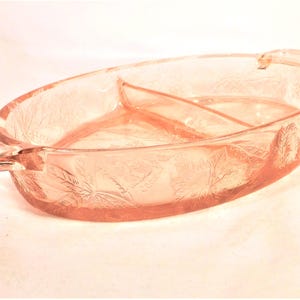 Jeanette Glass Pink Depression Divided Dish Oval Tab Handles Floral Poinsettia Pattern 8&quot; x 5&quot; Vintage 30s Party Holiday Wedding Tableware