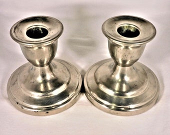 Vintage Pair Candle Holders Marked Concord Pewter 353 Original Finish 3.5" Tall No Damage Primitive Eclectic Decor