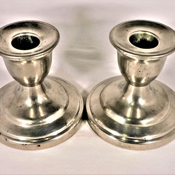 Vintage Pair Candle Holders Marked Concord Pewter 353 Original Finish 3.5" Tall No Damage Primitive Eclectic Decor