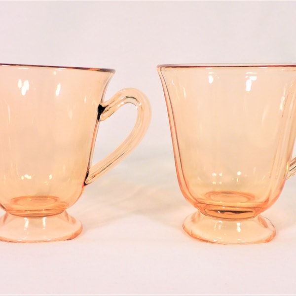 Vintage Pair Small Demitasse Cups Footed Peach Pink Colored Elegant Glass 2 5/8" Tall Depression Era Colorful Glassware Dinnerware