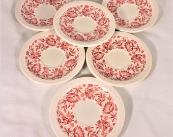 Set 6 Demitasse Saucers Syracuse China Econo Rim Restaurant Ware Roxbury Red Floral Pattern 41/2" Across Vintage Dinnerware