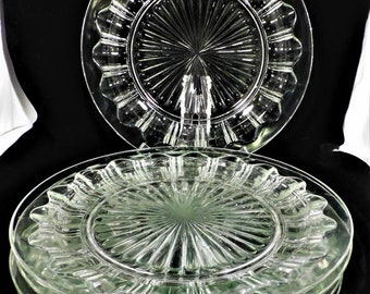 Hocking Glass Set 5 Dinner Plates Depression Era Clear Colonial Knife & Fork Pattern 10" Across Slight Wear Vintage 30s Dinnerware Glassware