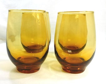 Set of 4 Amber Roly Poly Tumblers: Libbey Tempo Pattern, 10 Oz