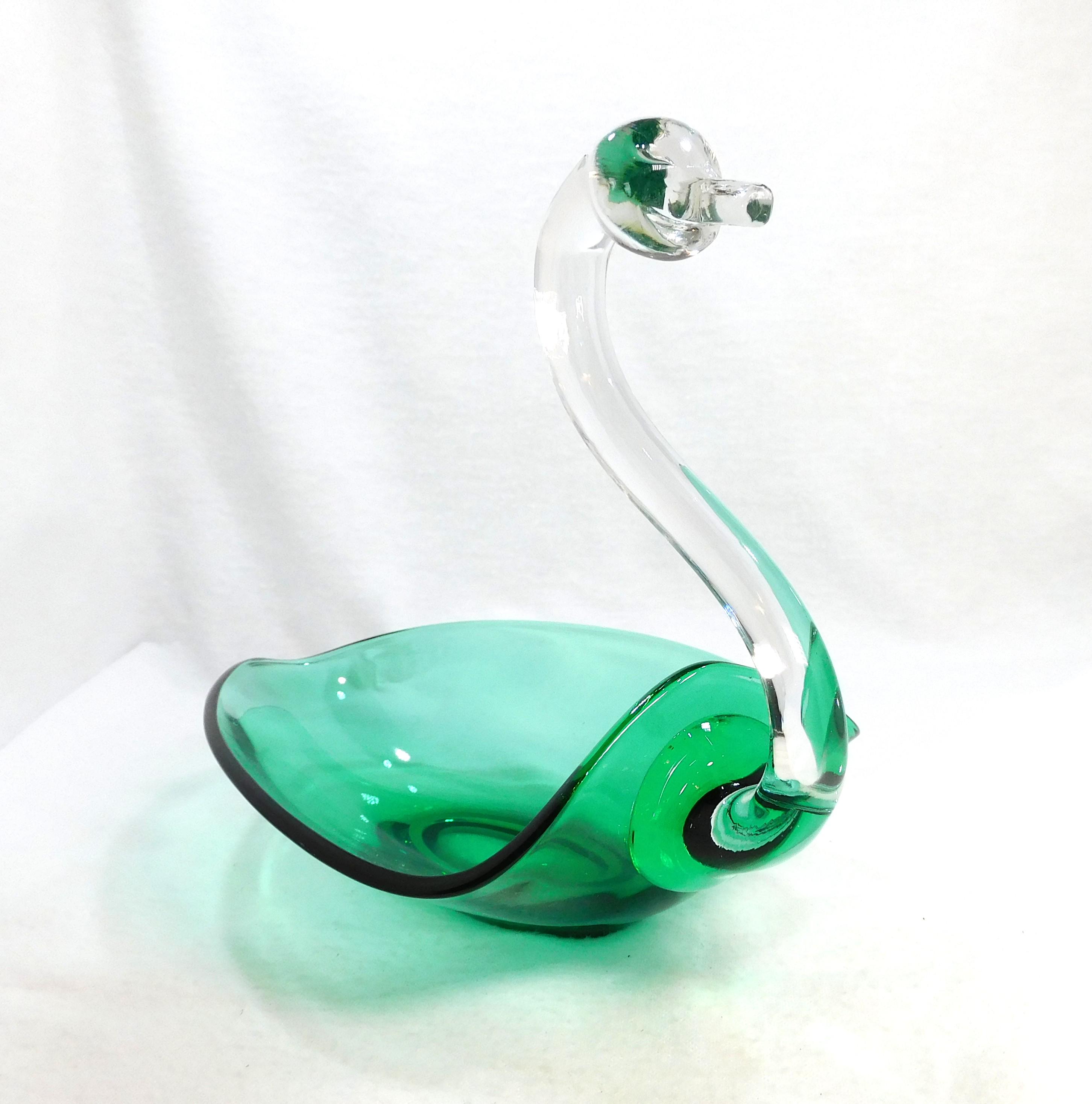 MCM Duncan Miller Glass Swan Dish: Clear Head, Green Base