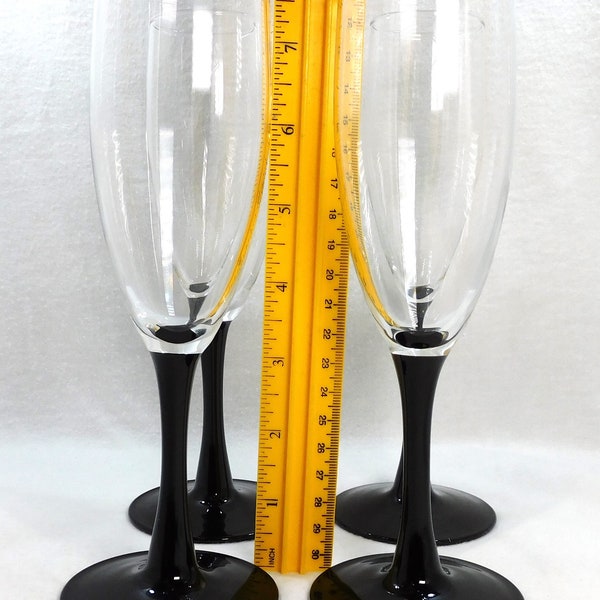 Vintage Set 7  Black Stemmed Champagne Flutes Clear Bowls 7" Tall 6 Oz (Photos Shows 4 Buying 7) Clear Bowls Wedding Party Decor