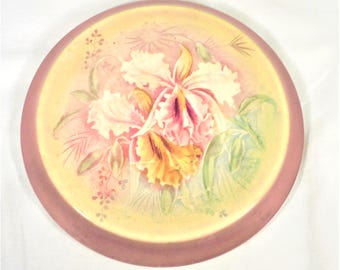 Antique Bonn German Trivet Porcelain Round Orchid Center Yellow & Lavendar 7&quot; Across Overall Fine Crazing Wall Kitchen Decor
