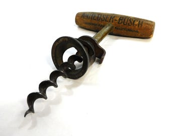 Vintage Anheuser Busch Wood Handled 3.75" Long Corkscrew: Original Condition
