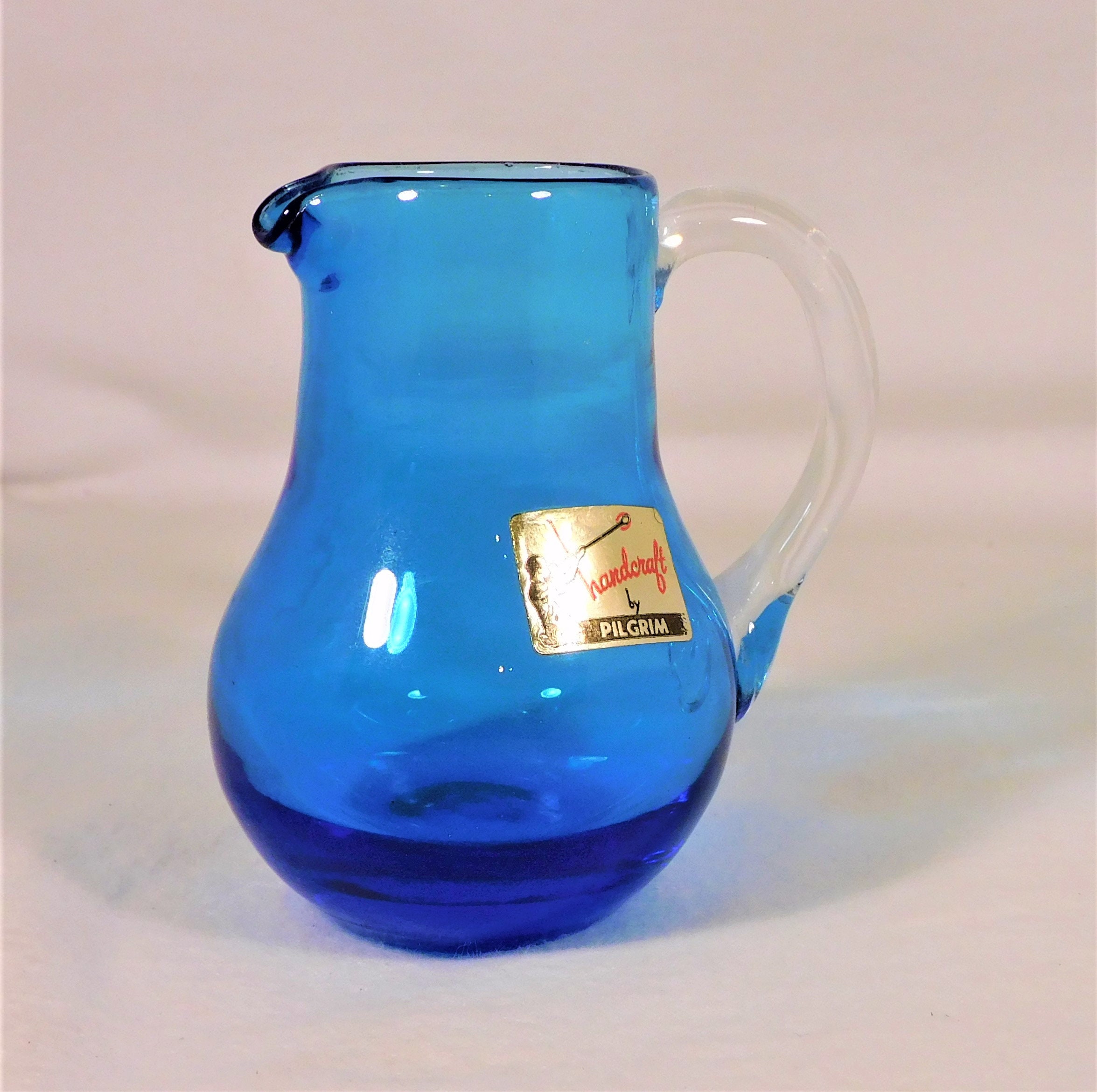 Vintage Azure Blue Crackle Art Pilgrim Glass Vertical Rib Ribbed Clear  Handle Hand Mouth Blown Small Glass Mini Pitcher Urn 