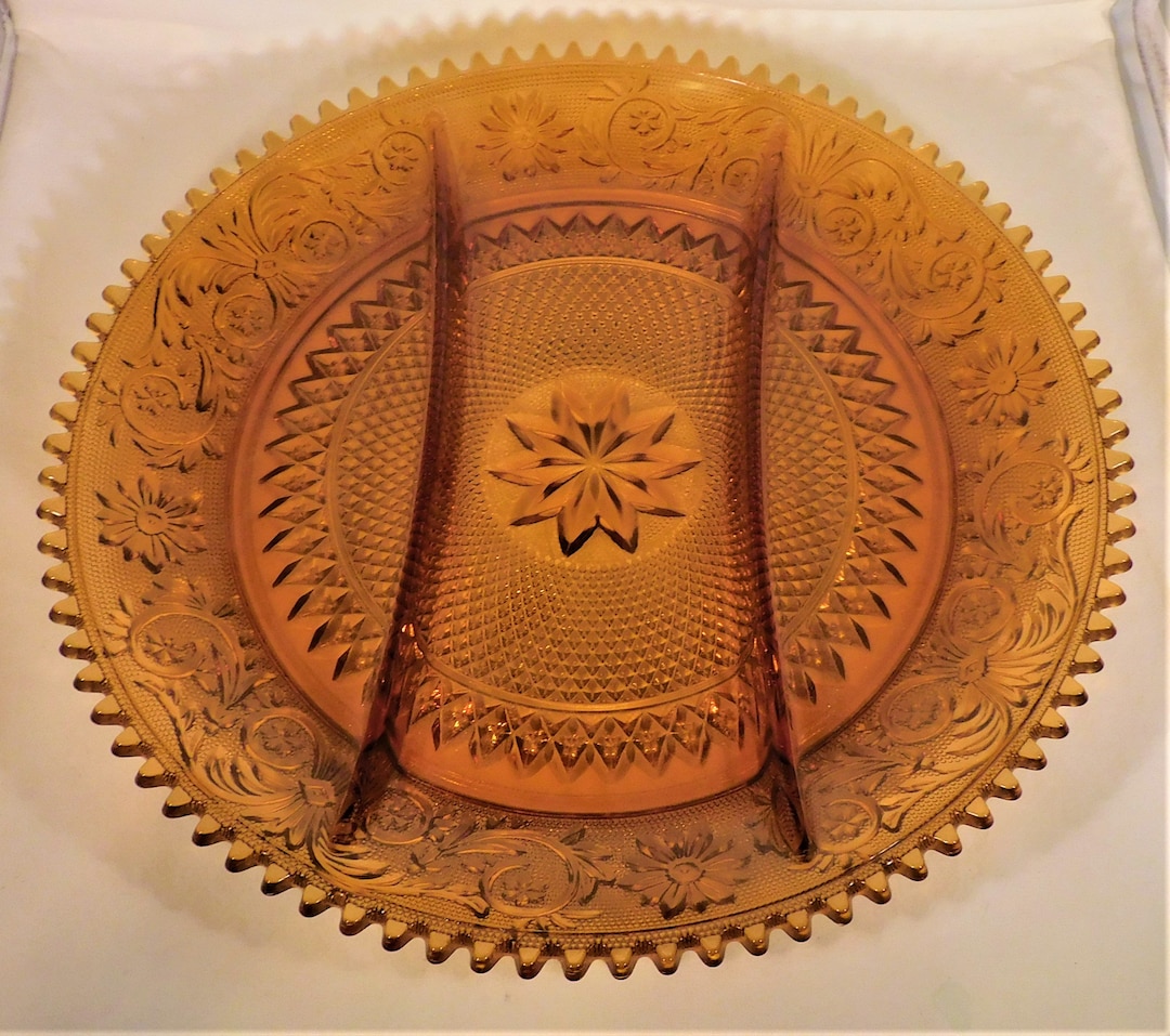 Large 12 Tiara Amber Glass Round Relish Tray 3sectioned Sandwich