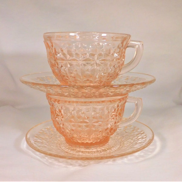 Jeanette Glass 2 Cup and Saucer Sets Pink Glass Holiday Button & Bows Pattern Vintage MCM 40s Glassware
