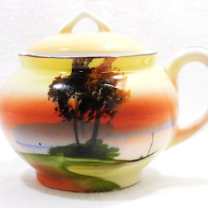Noritake M Morimura Marked Porcelain Small Mustard Pot & Lid Hand Painted Tree Scene Yellows Oranges Handled 3&quot; Tall Vintage Kitchen Decor