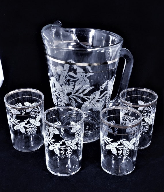 Bartlett Collins MCM Pitcher & 4 Juice Glasses Set Clear Glass