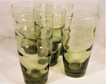 MCM Libbey Marked Set 5 Tumblers Flat Iced Tea Glasses Avocado Green Glass Tapered Style 5.75" Tall 14 Oz Vintage 60s Drinkware