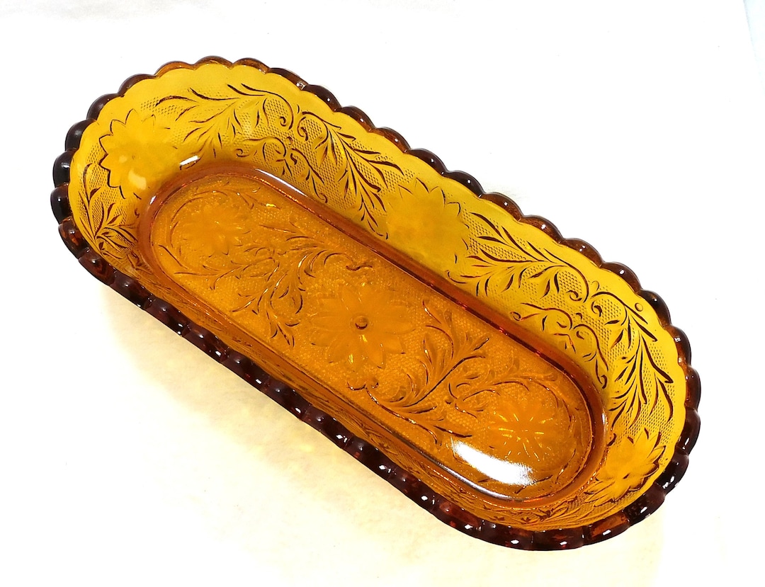 Indiana Tiara Celery Dish Oval Heavy Amber Glass Sandwich Pattern