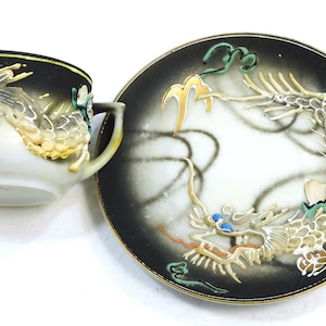 Japanese Dragonware Demitasse Cup & Saucer Set Porcelain Enameled Dragon Moriage Black Gray Hand Painted Vintage MCM