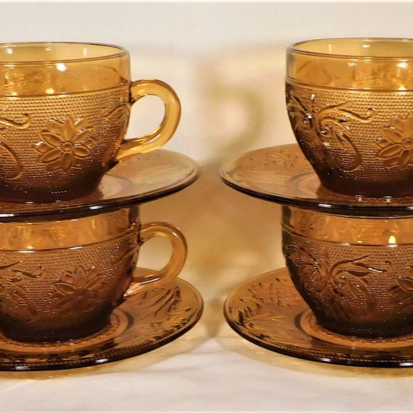 Indiana Glass Tiara Set 4 Flat Cups & 4 Saucers Amber Glass Vintage 70s Colorful Glassware Dinnerware