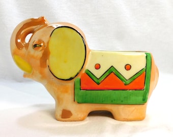 Vintage Lusterware Elephant Planter Vase: Hand-Painted Ceramic Trinket Holder