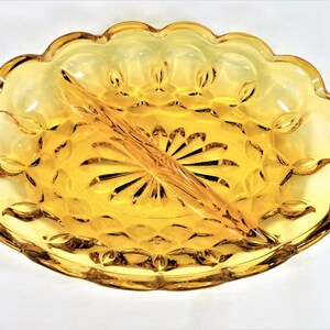 Mid Century Relish Dish Oval Divided Amber Glass Scalloped Top Edge 7&quot; Long Vintage Colorful 60s Glassware Holiday Fall Party Tableware