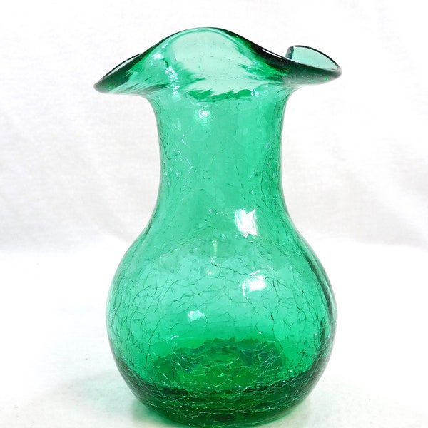 MCM Vase Small Green Crackle Glass Vase 3 Lobed Top 4.75" Tall Pontil Base Vintage Colorful Glassware