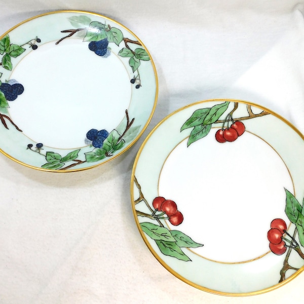 Vintage Pair Bavarian Hand Painted Fruit Plates Porcelain Black Raspberries & Cherries Black Outlined 7.25" Across Gold Edge Kitchen Decor