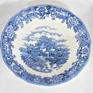Salem China Serving Bowl Round English Village Pattern Staffordshire Blue Transferware Cottage Scene 8&quot; Across Vintage Holiday Dinnerware