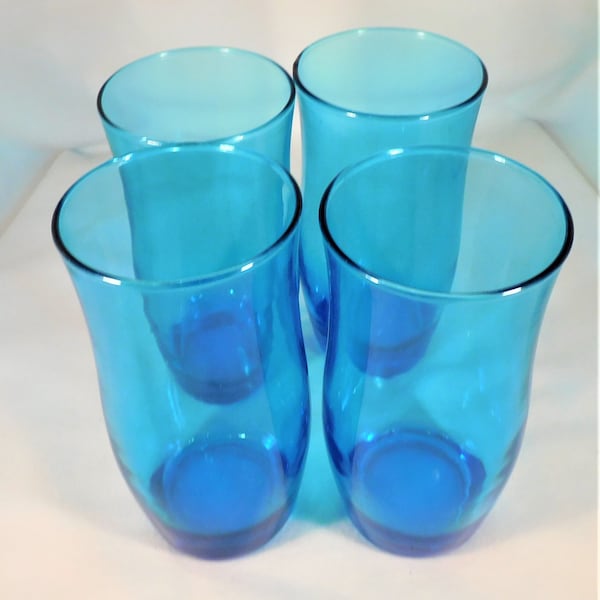 Anchor Hocking Set 4 Tumblers Flair Laser Blue Color Glass Tulip Shaped Plain Pattern 16 Oz 5.75" Tall Vintage 60s Glassware Dinnerware