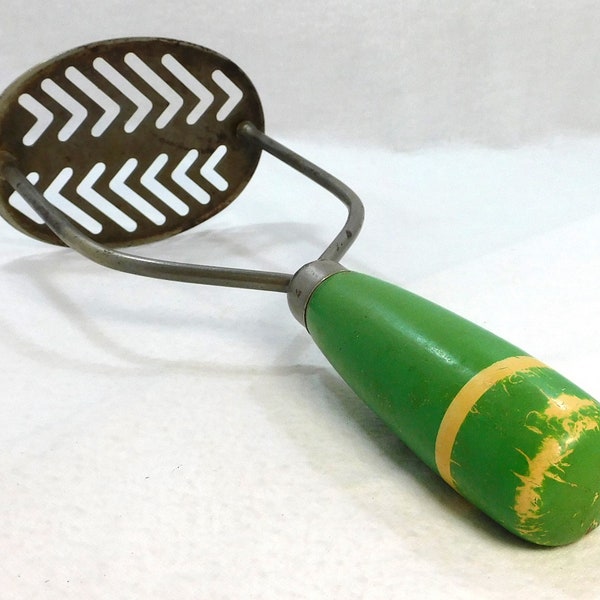 Potato Masher Depression Green Chippy Wood Handle Slotted Oval Metal Base 8.75" Tall 4" Base Vintage Kitchen Utensil Farmhouse Country Decor