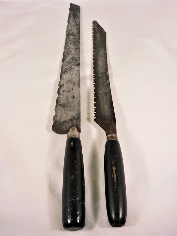 Antique Pair Kitchen Bread Knives Serrated Edge Old Black Wooden Handle  12.5-14.5 Long Universal Marked & Ontario Knife Country Decor 