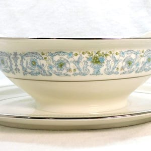 Vintage Noritake China Gravy Boat with Attached Underplate Monteleone Pattern Blue Scrolls Green Flowers Silver Trim 7.5&quot; Long Holiday Use