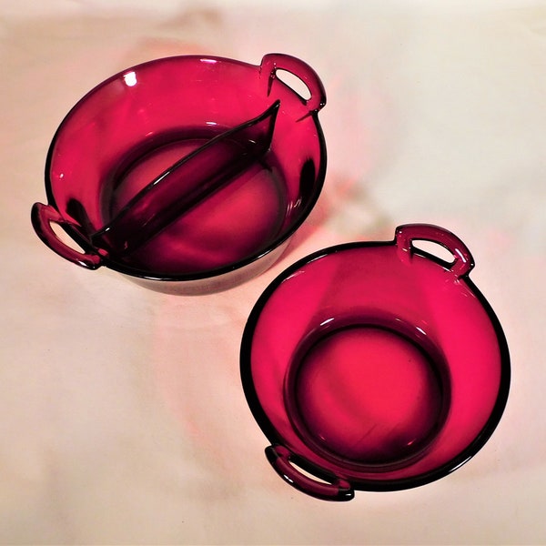 Vintage Pair MCM Ruby Red Glass Bowls Handled 1 Divided Smooth Tapered Sides 2.25" Tall at Handle 50s Colorful Holiday Glassware