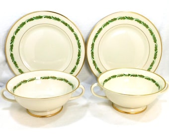 Franciscan Porcelain Pair Cream Soup Bowls & Underplates: MCM Arcadia Green