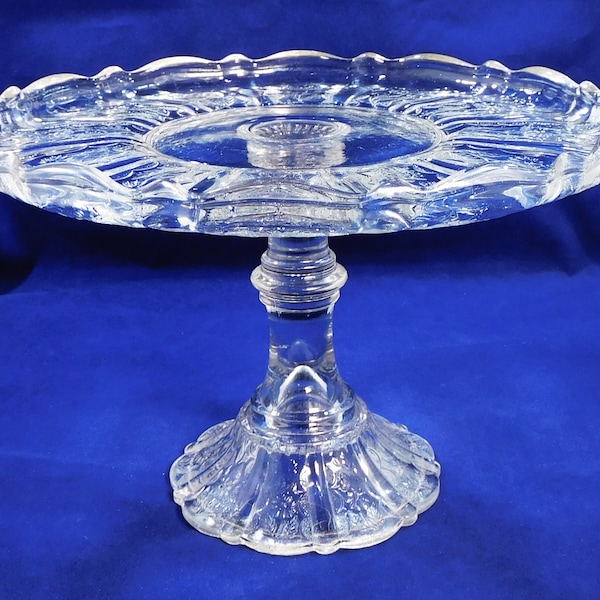 Antique Bryce EAPG Paneled Daisy Cake Stand Clear Glass 9.25" Across 5.75" Tall Scalloped .5" Rim Wedding Party Tableware