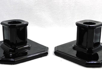 Vintage Pair Tiffin Glass Art Deco Style Candle Holders Single Light Black Squared Shape 2.25" Tall Holiday Formal Decor