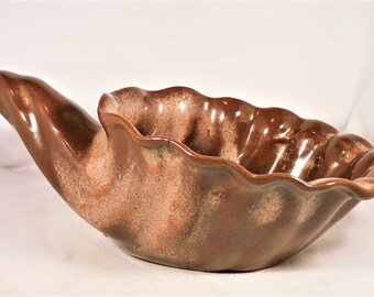 Frankoma Pottery Dish Planter Vase Shell Cornucopia Plainsman Brown 11.5" Long Original Sticker Vintage 60s Tableware