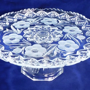 Large Clear Glass Cake Stand Cut Flower Design Toothed Edge 11.75" Across Very Heavy Vintage Party Wedding Decor
