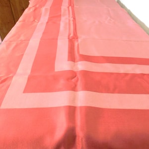 Vintage Tablecloth Large Peachy Pink Satin Finish Different Sized Stripes 78&quot; x 60&quot; Some Stain Spots Great Party Holiday Wedding Decor