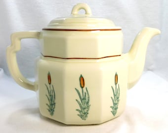 MCM Porcelier USA Teapot & Lid Heavy Ceramic China 6 Cup Cattail Design 10 Paneled Sides 6.5&quot; Tall 1940s Kitchen Country Farmhouse Party Use
