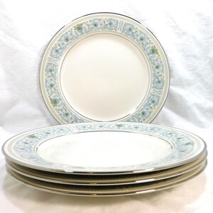 Vintage Noritake Set 4 Salad Plates Porcelain Monteleone Pattern Blue Scrolls Green Flowers Silver Trim 8.25&quot; Across Party Holiday Decor